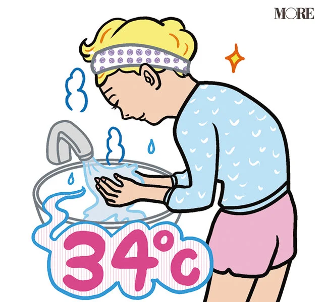 34度のぬるま湯で顔を洗う女性のイラスト