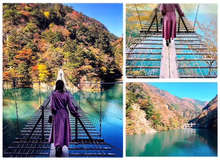 【#静岡】《夢の吊り橋×秋･紅葉》美しすぎるミルキーブルーの湖と紅葉のコントラストにうっとり♡湖上の吊り橋で空中散歩気分˚✧₊