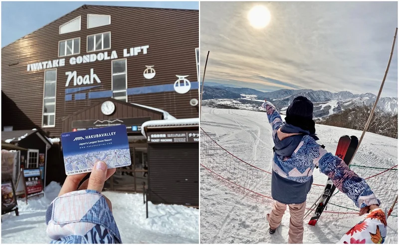 （左）「白馬岩岳ゴンドラリフトノア山麓駅」を背景にリフト券をぱしゃり（右）ゴンドラリフト横の『スパイシーレンタル』で借りた、『ROXY』のおしゃれなウェアとスキー。充実のレンタルラインナップで、手ぶらでも安心！