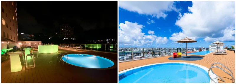 『ノボテル沖縄那覇』（左）BBQテラスや夜の子供用プールの様子、（右）昼間のプール全体の様子