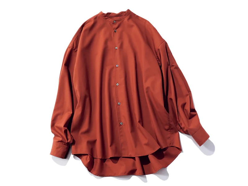 【秋シャツ着回し】ブラウンのバンドカラーシャツはオンオフできれいめコーデ自由自在