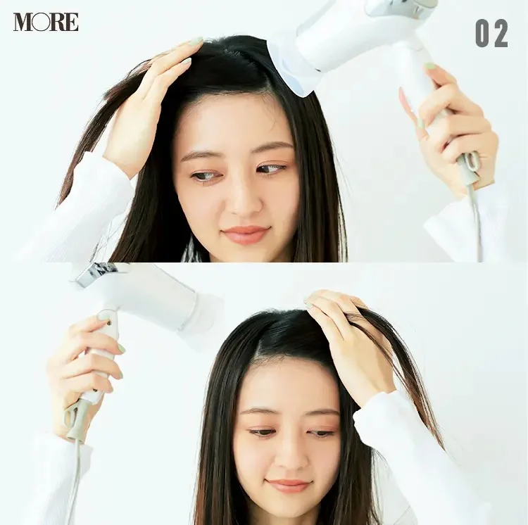 前髪のくせを直す方法【２】前髪全体をドライ。左右の根元にに温風を当てて