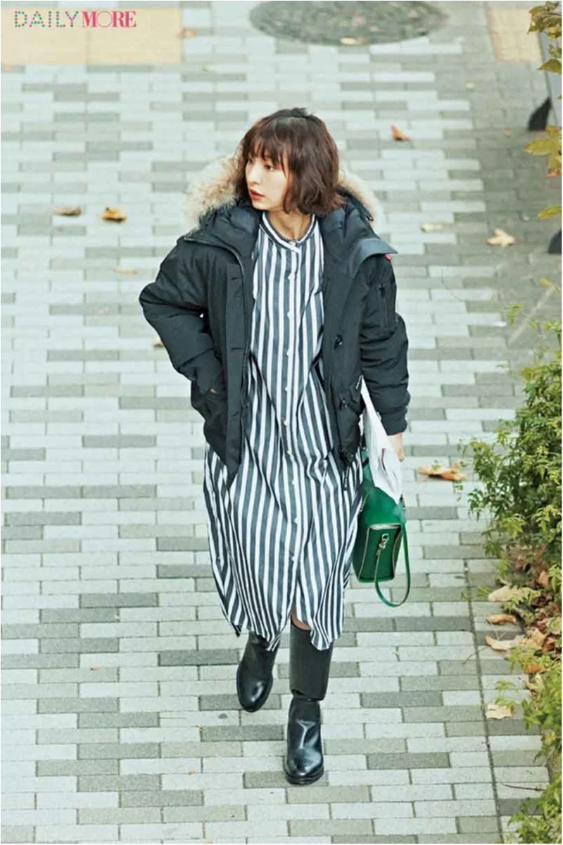 今日のコーデ 篠田麻里子 もこもこダウン すっきりシャツワンピ この冬 新しいおしゃれバランスを発見 ファッション コーディネート 代 Daily More