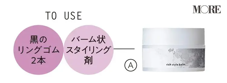 小顔見え髪型アレンジで使用するのは黒のリングゴム2本、バーム状スタイリング剤