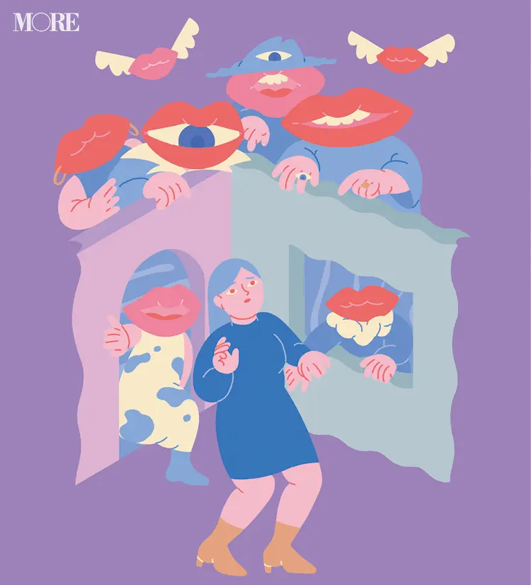 前田豆コさんのイラスト。青いワンピースを着た女性と、顔が唇の形をした人々