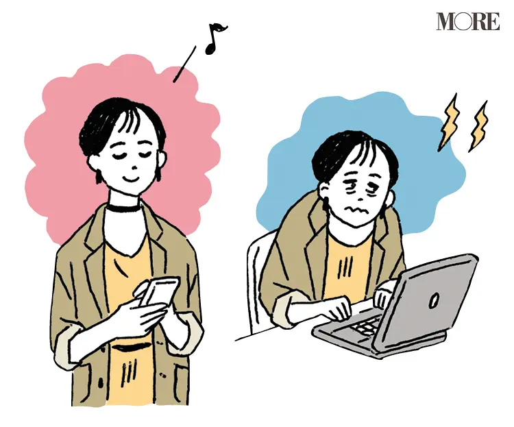 チャレンジ型の女性がスマホとPCを操作しているイラスト