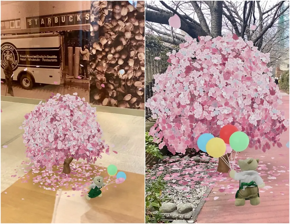 満開さくらAR（左）手の平や卓上にさくらとベアリスタがのる小さいサイズ（右）大きいサイズ。愛ちあんは目黒川にさくらを咲かせてみました♪
