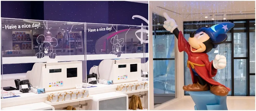 「ディズニーフラッグシップ東京」レジと魔法使いの弟子のコスチュームを着たミッキーのスタチュー