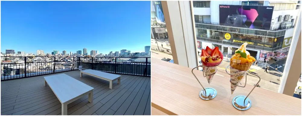 「くら寿司 原宿店」（左）テラス席（右）スタンド席