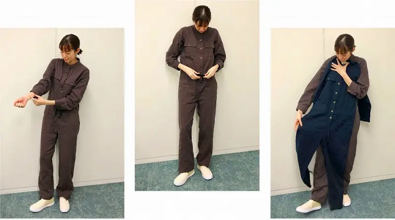 佐藤栞里が「栞里ちゃんとつくった こなれカラーのコーヒーブラウン! ずっと着ていたくなるダブルガーゼつなぎ」を着用している写真