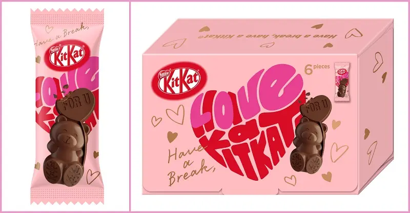 『キットカット』の「ハートフルベアー」（左）単品（右）6個入り箱
