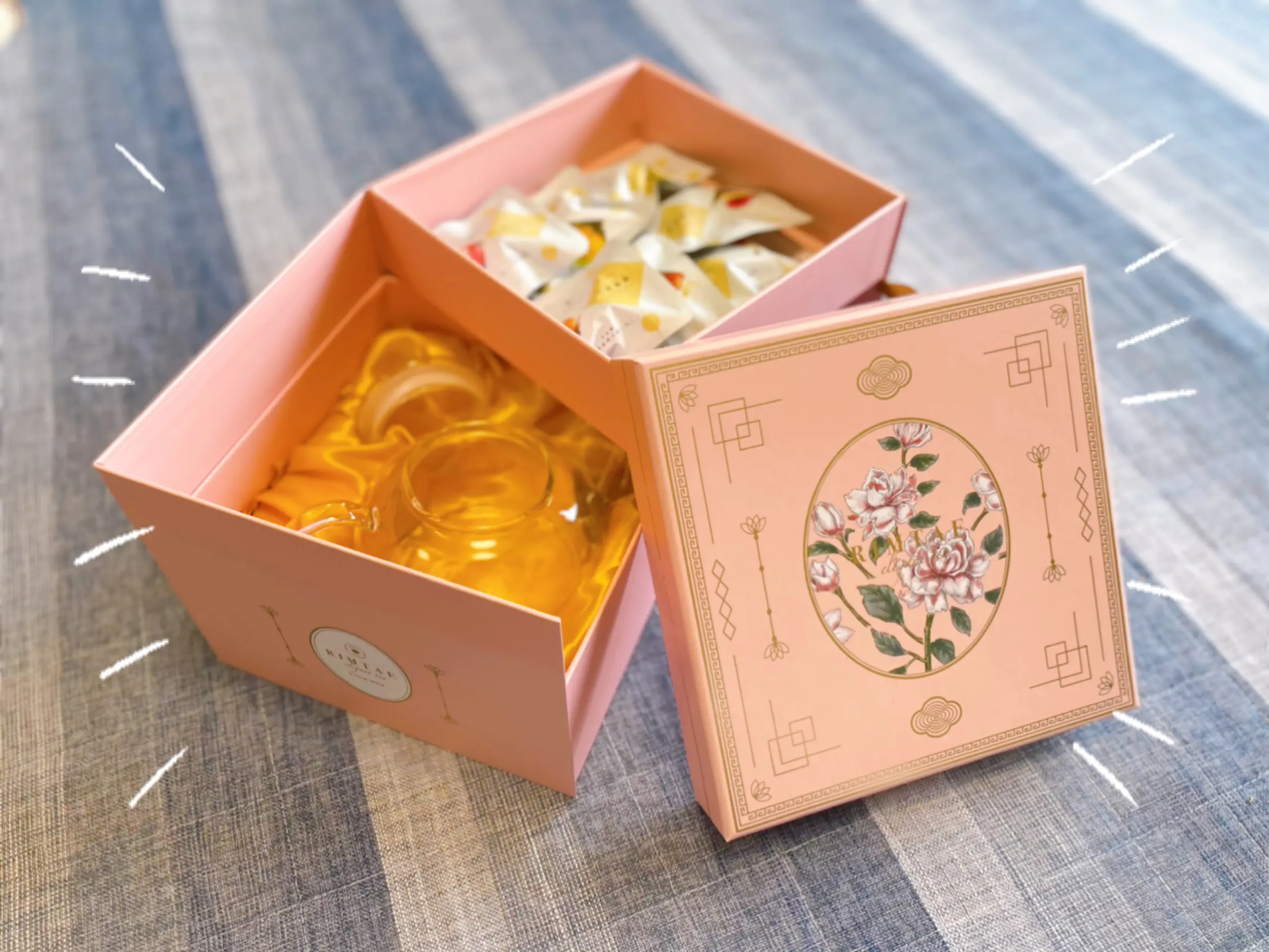 工芸茶の茶葉やガラスティーポットがセットに入っている箱