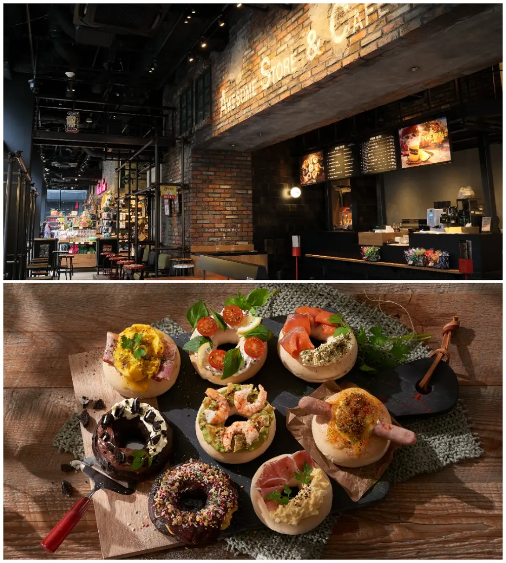 『オーサム ストア&カフェ 池袋（AWESOME STORE&CAFE IKEBUKURO）』のカフェ内観とメニューのベーグル