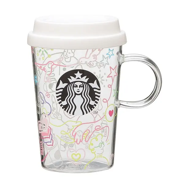 スタバ25周年新作グッズ、耐熱グラスマグカラフルラインアート355ml