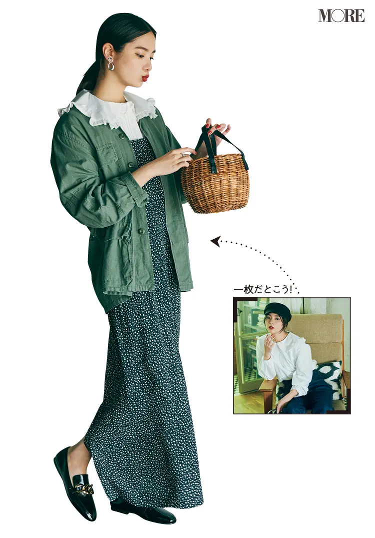ビッグカラーブラウスにカーキのジャケットをレイヤードした新川優愛