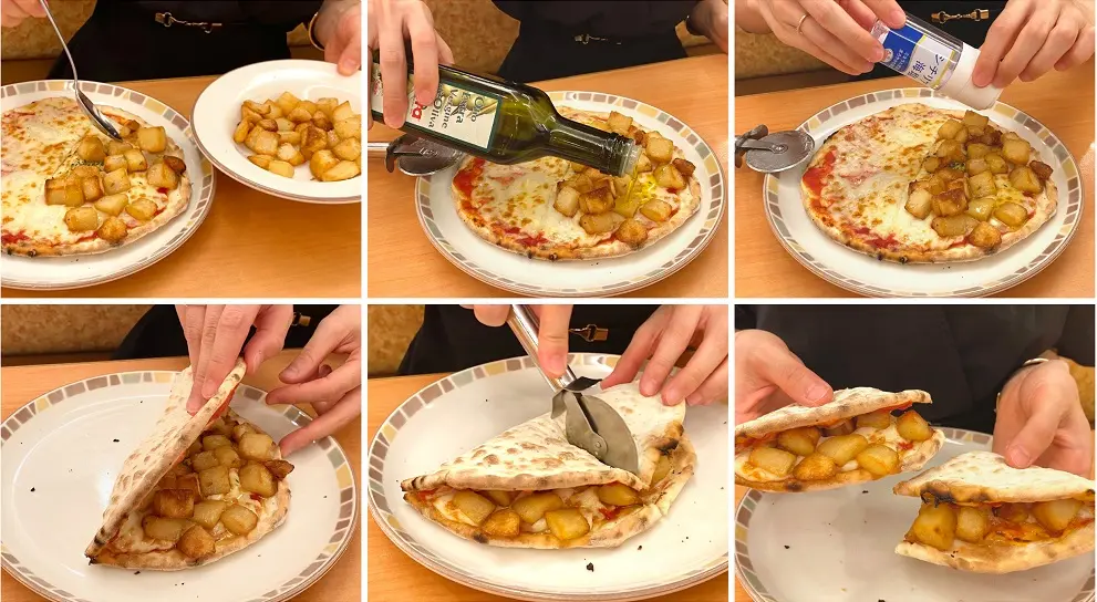 サイゼリヤの「カリッとポテト」と「Wチーズ(ピザ)」をアレンジしている様子