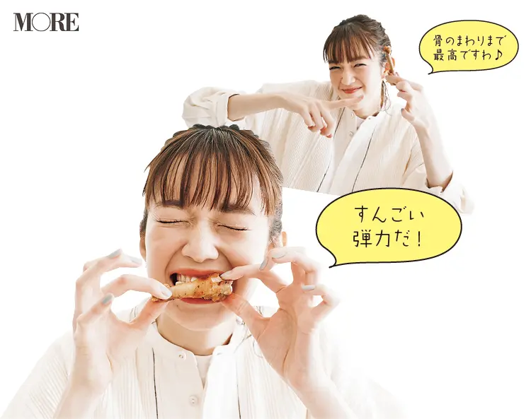高知県のおすすめお取り寄せグルメ「はたやま夢楽」の土佐ジロー手羽セットを佐藤栞里が食べている様子