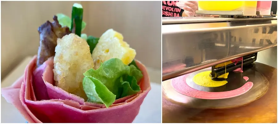 （左）すしクレープ「イベリコ豚カルビ」（右）クレープマシーン