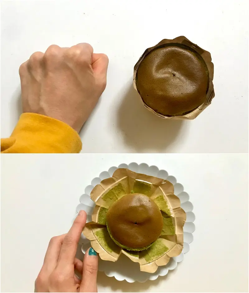 【コンビニスイーツ】『ローソン』新作「生カステラ お抹茶」を女性のこぶしと比べている様子と、お皿の上に広げた様子