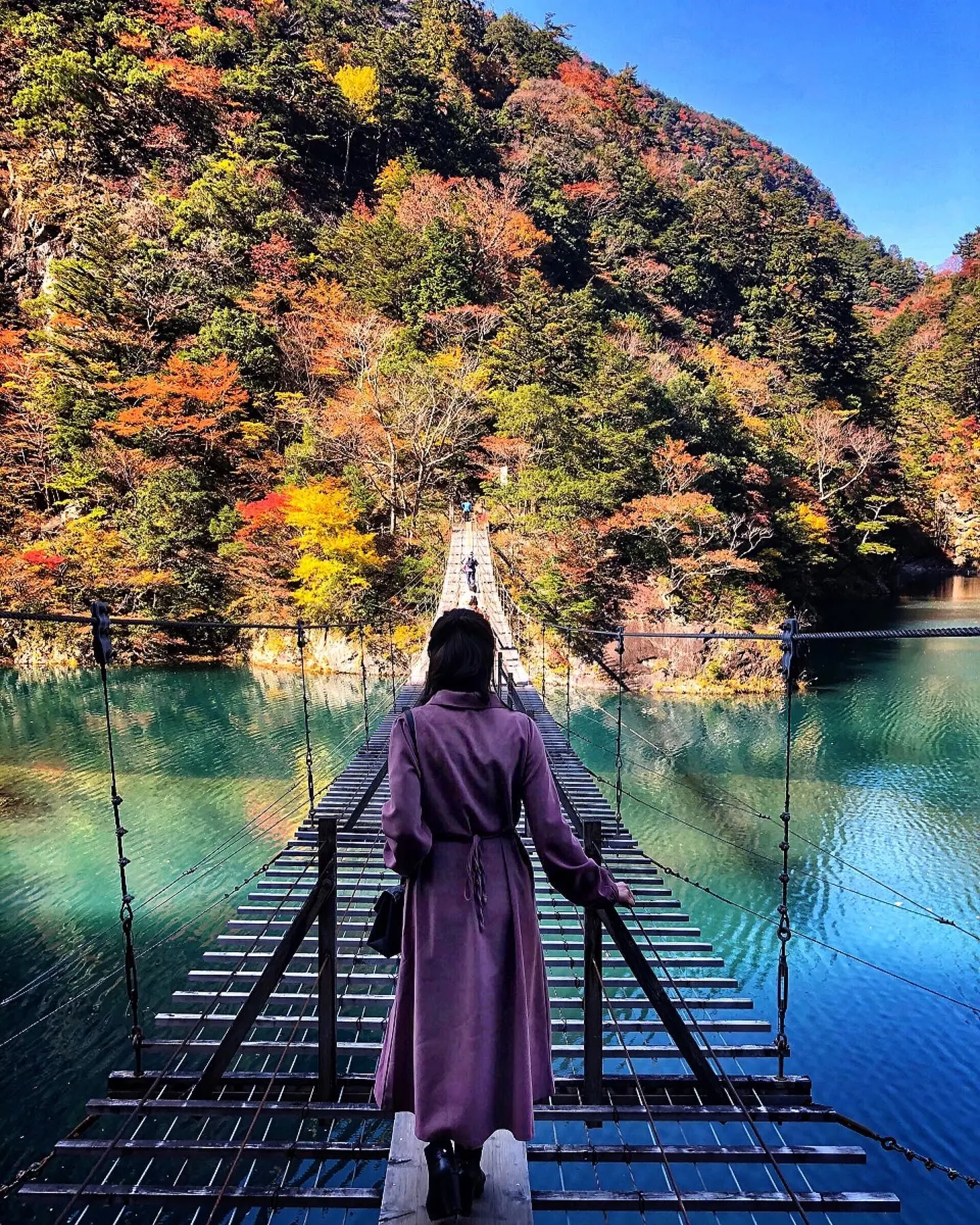 【#静岡】《夢の吊り橋×秋・紅葉》美しすぎるミルキーブルーの湖と紅葉のコントラストにうっとり♡湖上の吊り橋で空中散歩気分˚✧₊_8