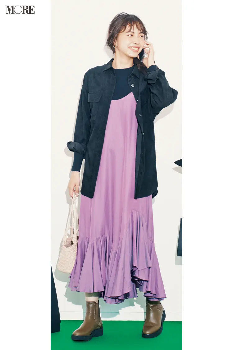【今日のコーデ】<井桁弘恵>甘いキャミワンピースにはシャツジャケットでこなれ感をひとさじ_1