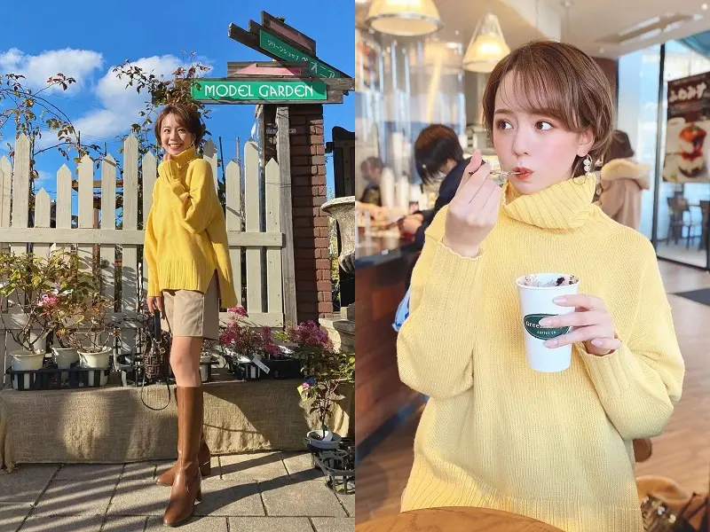 ZOZOTOWNのセールで購入した『サロン アダム エ ロペ』のイエローニットを着用した上半身の写真と、コーディネートの写真