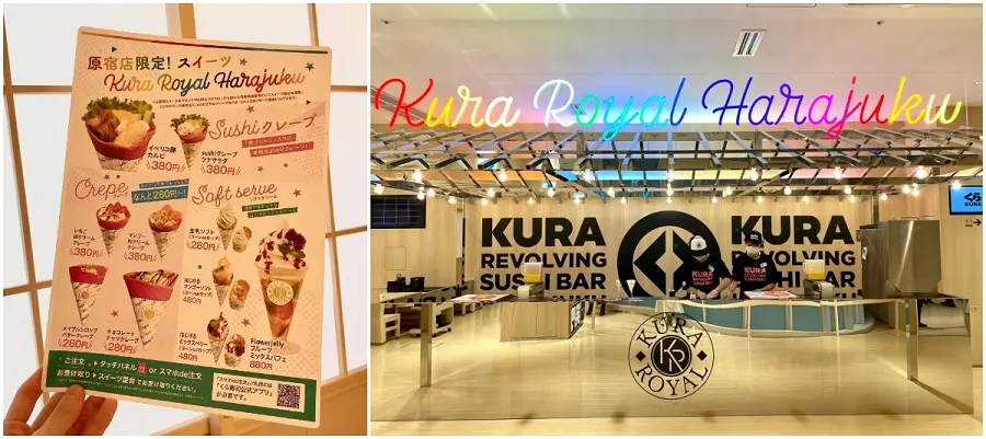 「くら寿司 原宿店」（左）原宿店限定メニュー（右）「スイーツ屋台」