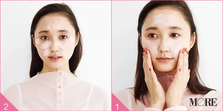 下地を目の下と頬とおでこにのせた鈴木友菜とコントロールカラーを顔にのせた鈴木友菜