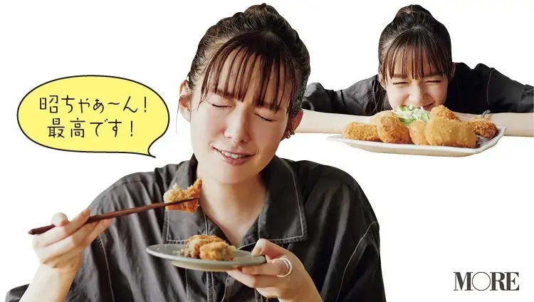 山口県からお取り寄せしたコロッケを食べる佐藤栞里