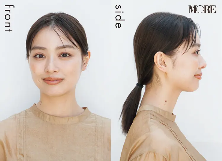 梅雨のポニーテールヘアアレンジの正面と横から見た髪型