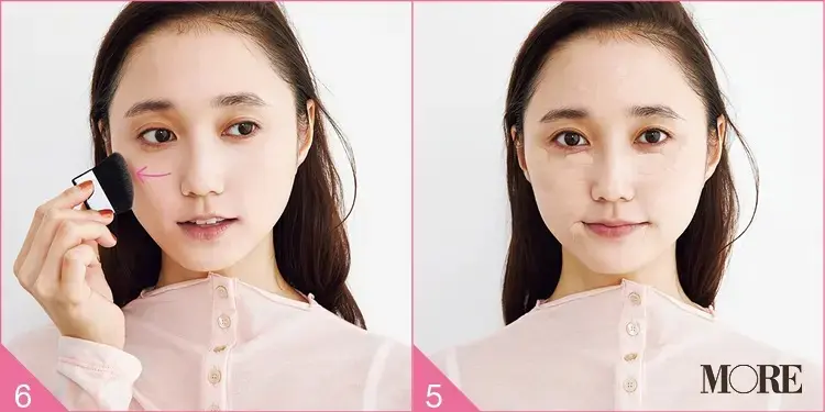 コンシーラーを顔全体に塗った鈴木友菜とファンデーションを塗る鈴木友菜