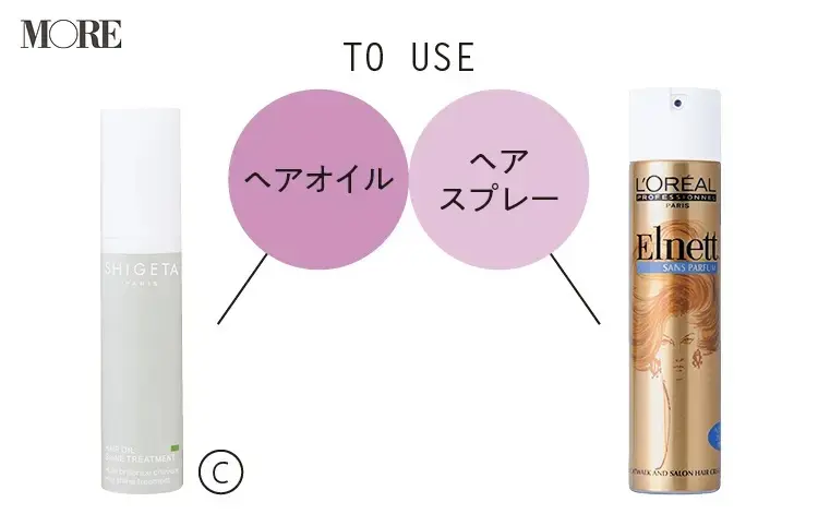 小顔見え髪型アレンジで使用するのはヘアオイル、ヘアスプレー