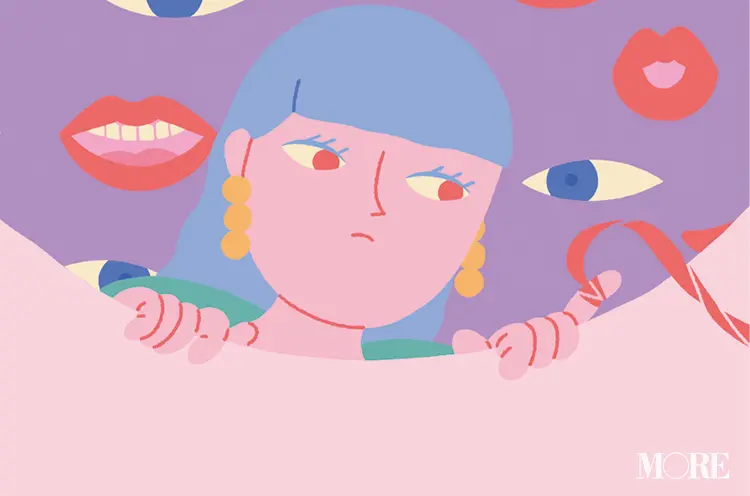 前田豆コさんのイラスト。バストアップの女性と唇と瞳。