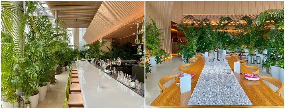 東京エディション虎ノ門「ロビー バー」（左）バーカウンター席（右）テーブル席