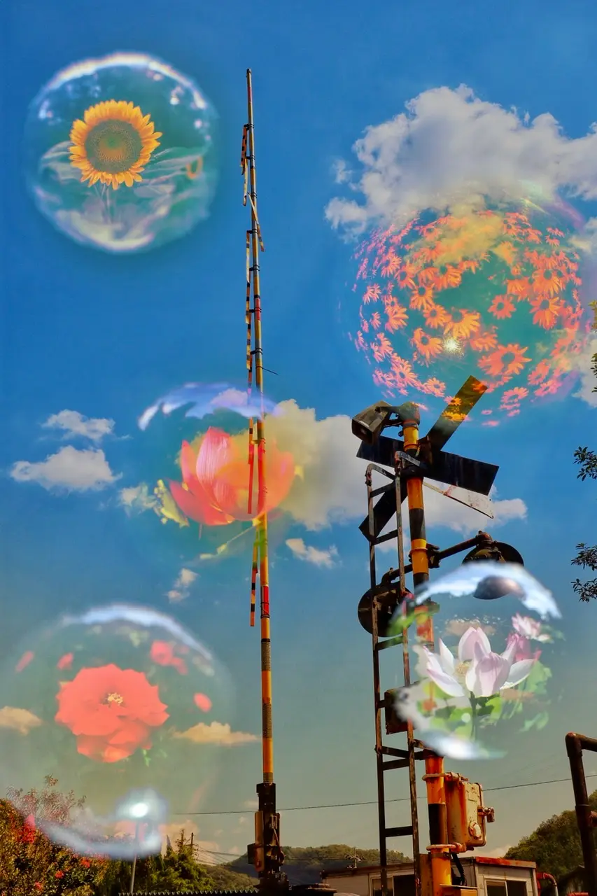 青空の写真に、ガラス玉に映った数枚の花の写真を合成したもの