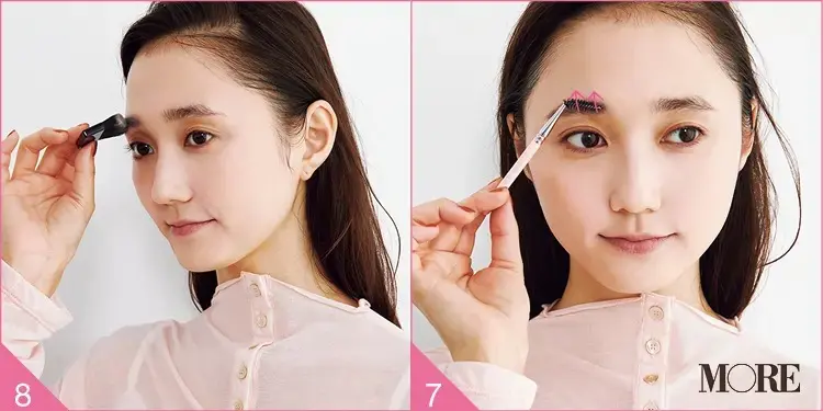 ブラシで眉毛をとかす鈴木友菜と眉毛の境にファンデーションを塗る鈴木友菜