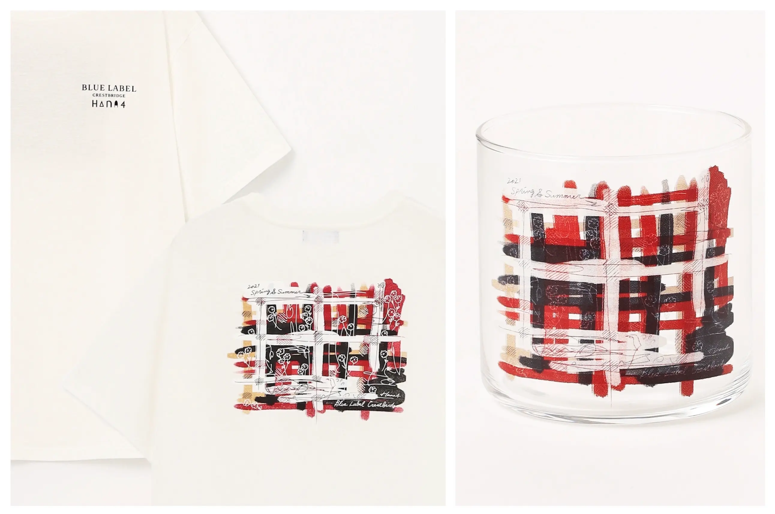 原宿店限定のクレストブリッジチェックグラフィックTシャツと、ノベルティのグラス