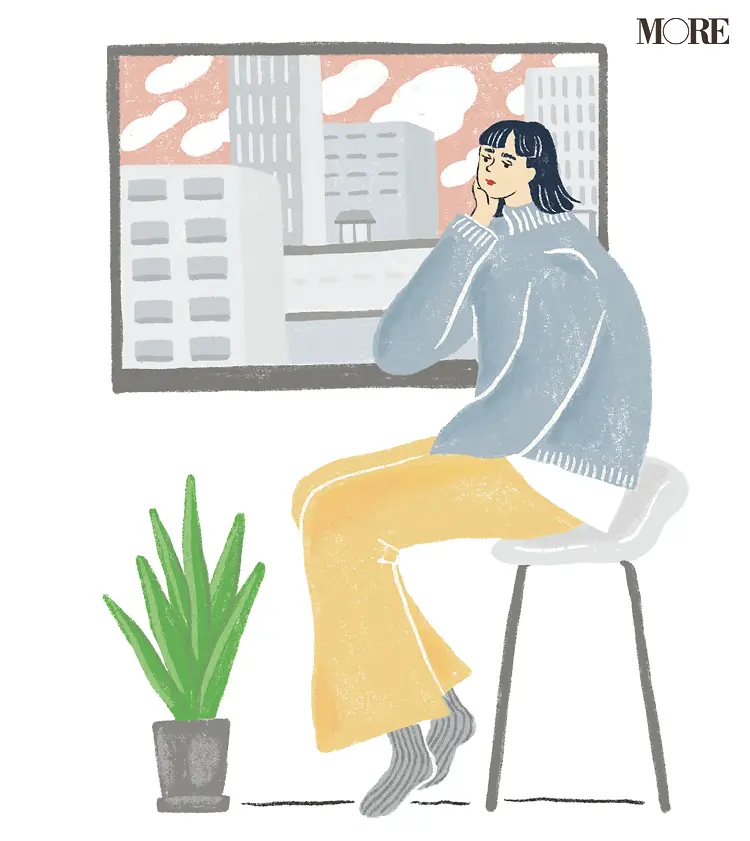 家の窓から外を眺めている女性のイラスト