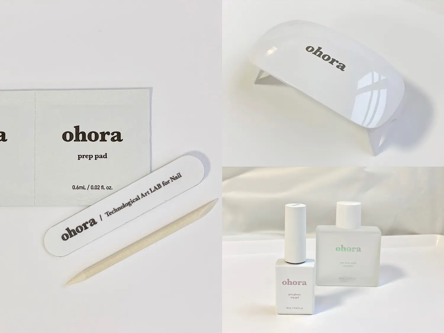 ohoraにはシートと一緒に爪の油分を拭き取るプレップパッドとネイルファイルと除去する時に使うウッドスティック(写真左)が同封されています