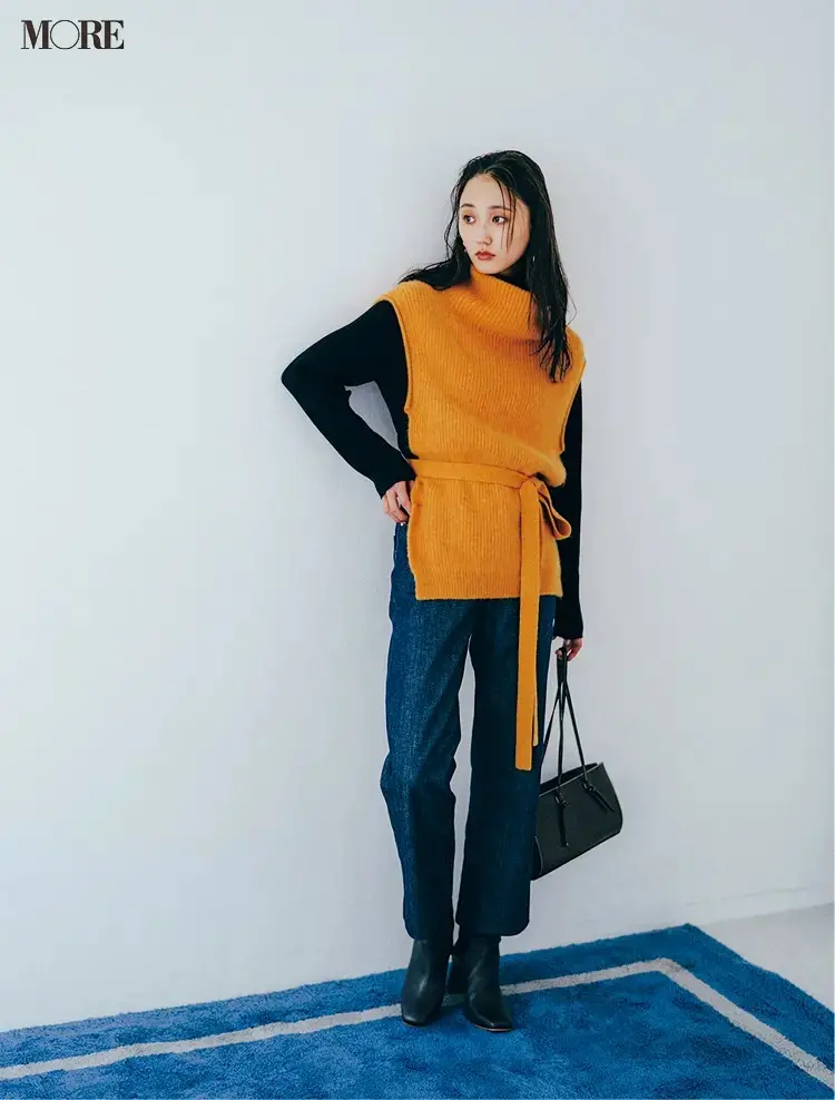 【2020-2021冬コーデ】ニットベスト×ニット×デニムパンツ