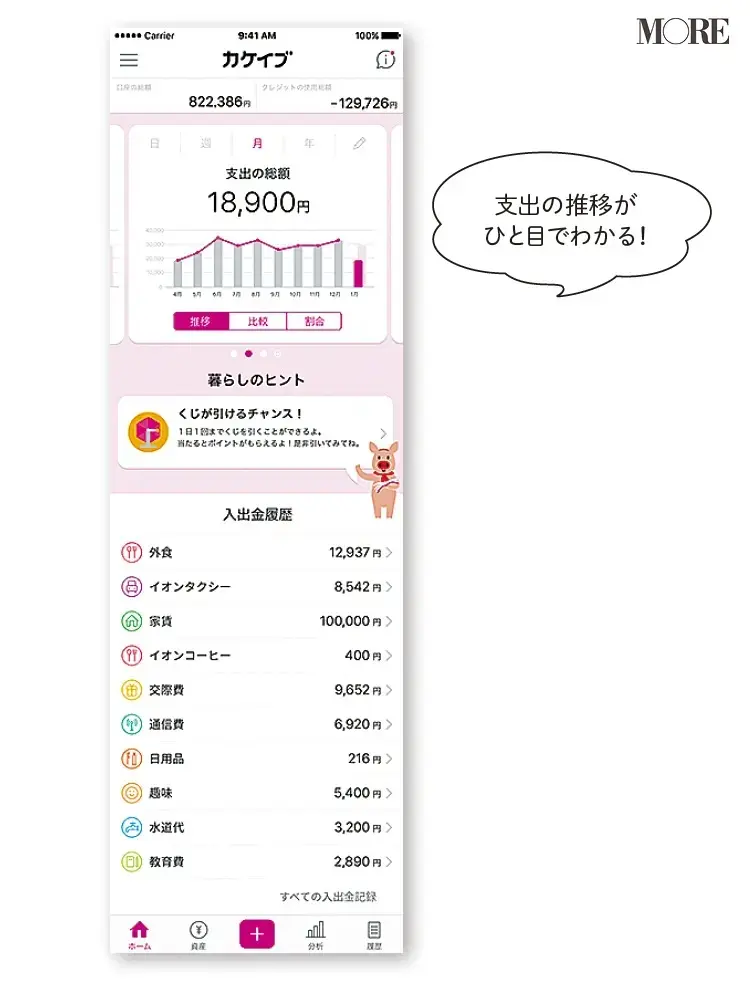 支出の推移がひと目でわかるカケイブアプリの取引画面