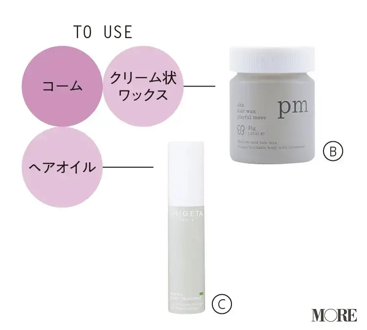 小顔見え髪型アレンジで使用するのはコーム、クリーム状ワックス、ヘアオイル