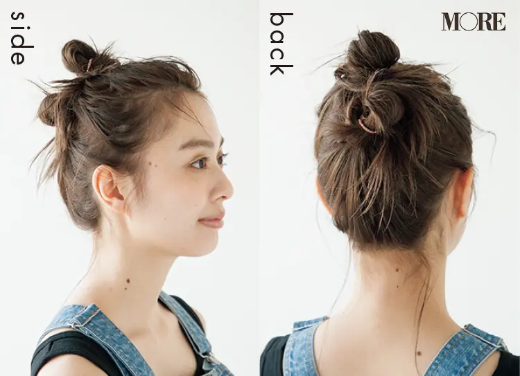 梅雨のおだんごヘアアレンジを正面と後ろから見た髪型